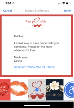 Image d'un exemple de papier à lettres dans Yahoo Mail pour iOS.